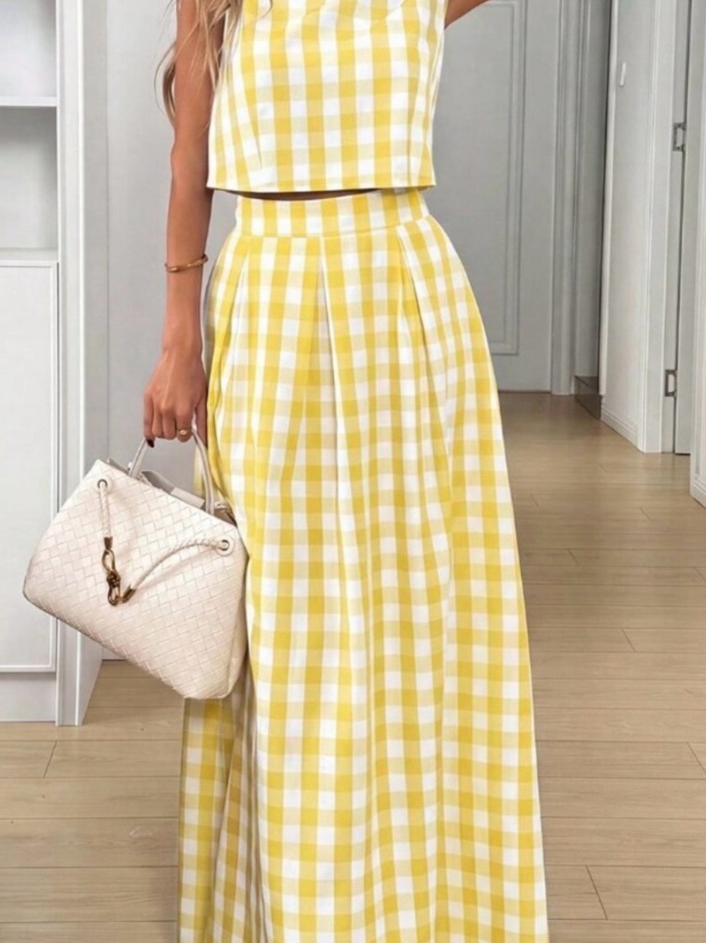 Yellow Gingham Maxi Skirt - Women's High-Waist Pleated Style